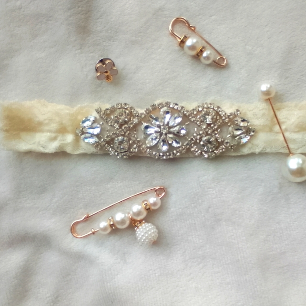 Vintage Ivory Crystal Pearl Lace Non-slip Wedding Garter Pin Barrett Bundle Set - Picture 12 of 13